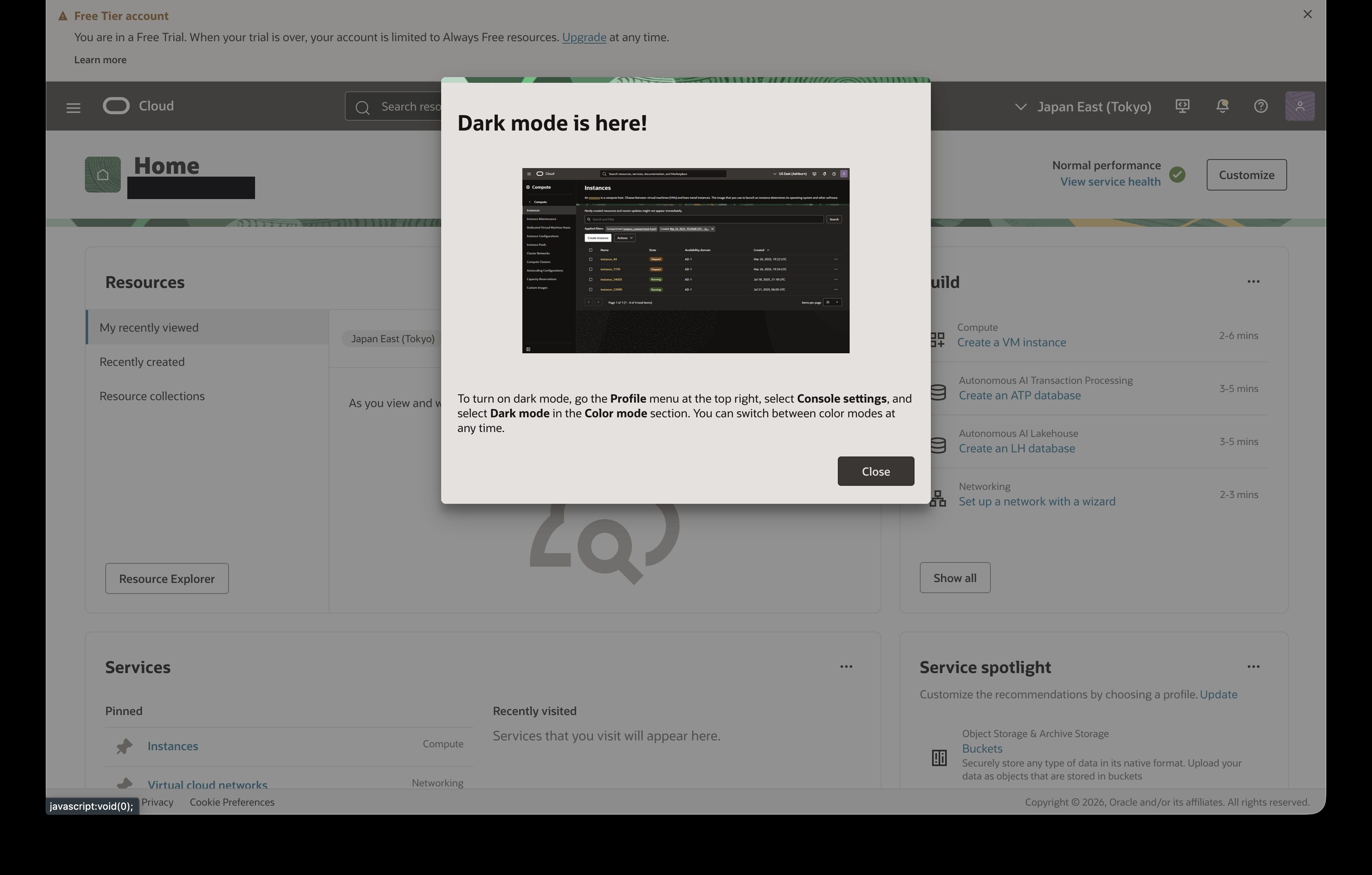 Oracle Cloud のホーム画面。左上に「Free Tier account」と出ていれば無料枠の状態
