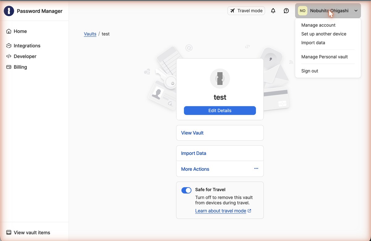 1Password.comのアカウントメニューでManage accountを選択