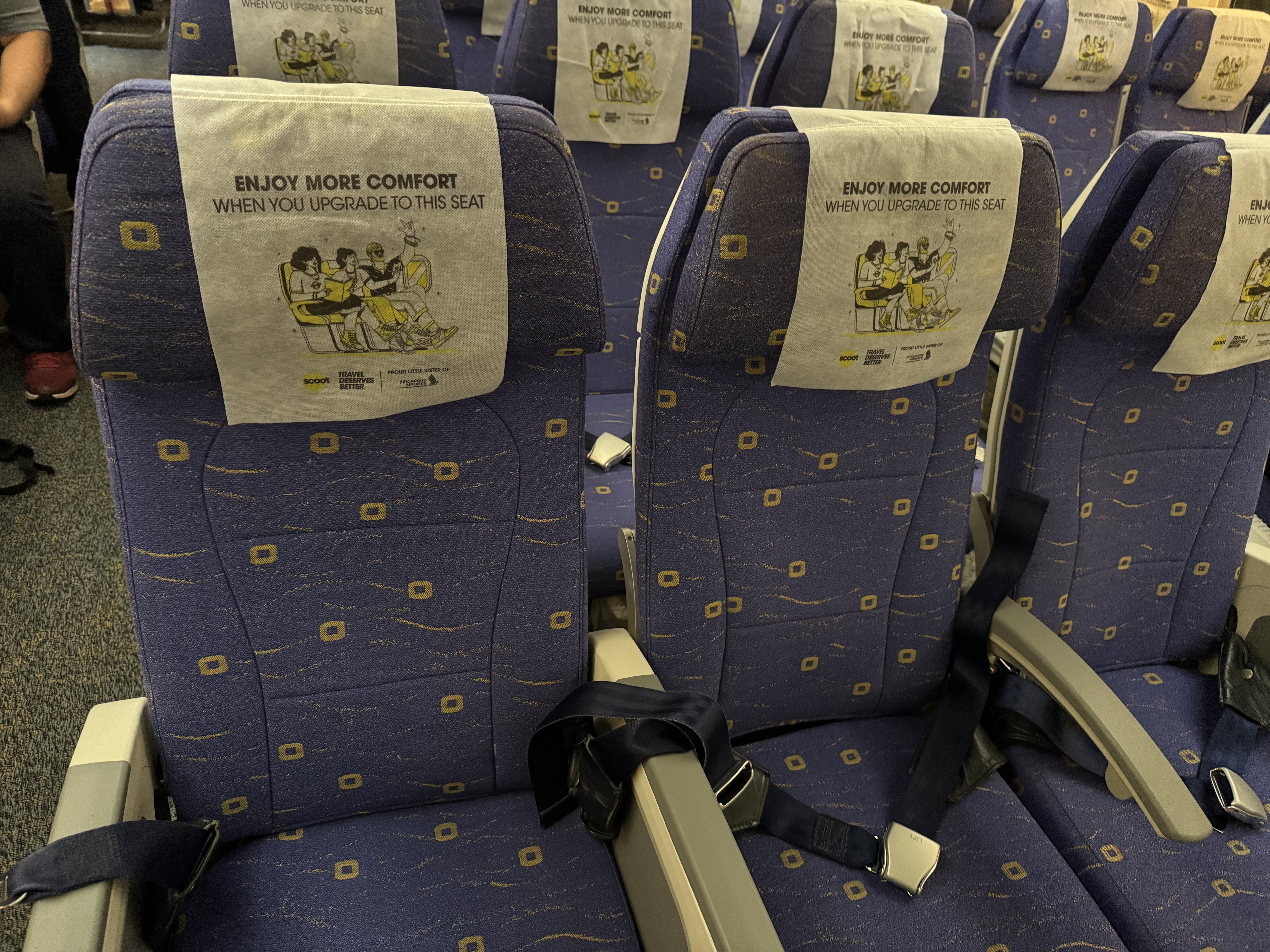 ENJOY MORE COMFORT WHEN YOU UPGRADE TO THIS SEAT のカバーがかかった有料シート