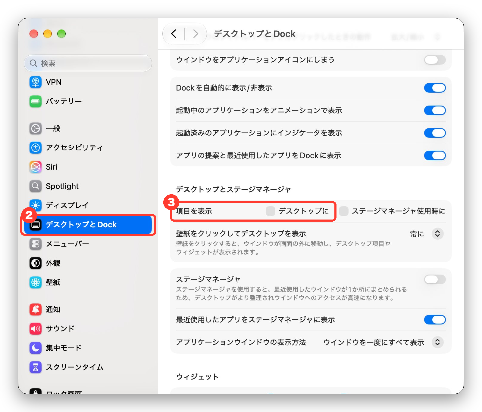システム設定の「デスクトップとDock」にある「項目を表示」の「デスクトップに」のチェック