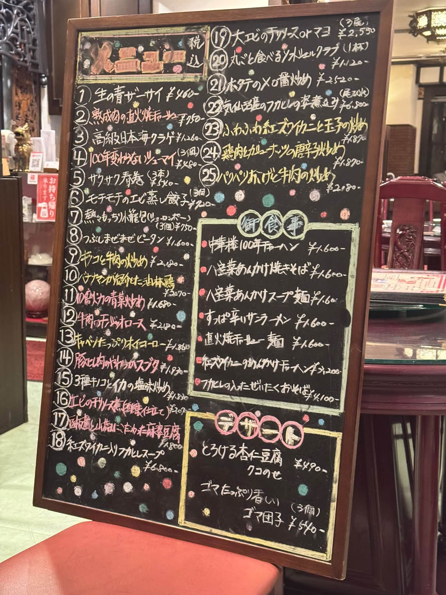 お店の黒板メニュー